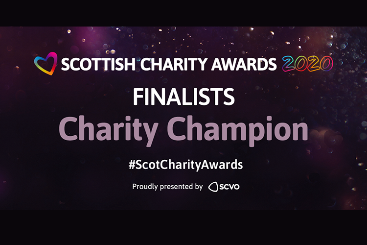 Wording on purple background 'Scottish Charity Awards Finalists Charity Champion'