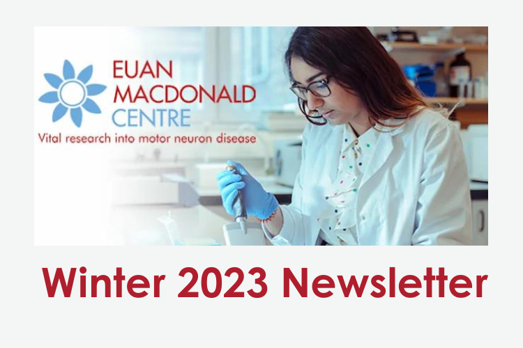 Euan MacDonald Centre logo with strapline Vital research into motor neuron disease. The picture is of a person in a laboratory setting and wearing a lab coat using a pipette