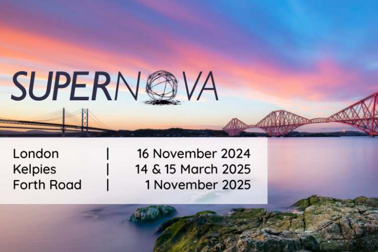 The Forth Rail Bridge, Scotland at sunset. The infographic has the dates for Supanova runs in London, Kelpies and the Forth Road