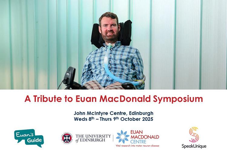 A picture of Euan MacDonald, with the symposium title and partner logos
