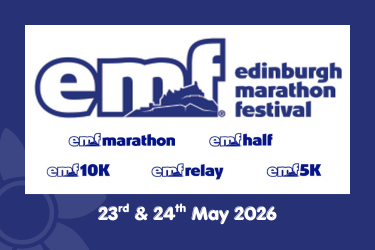 The graphic for the Edinburgh Marathon Festival 23 to 24 May 2026. The graphic is  blue and white