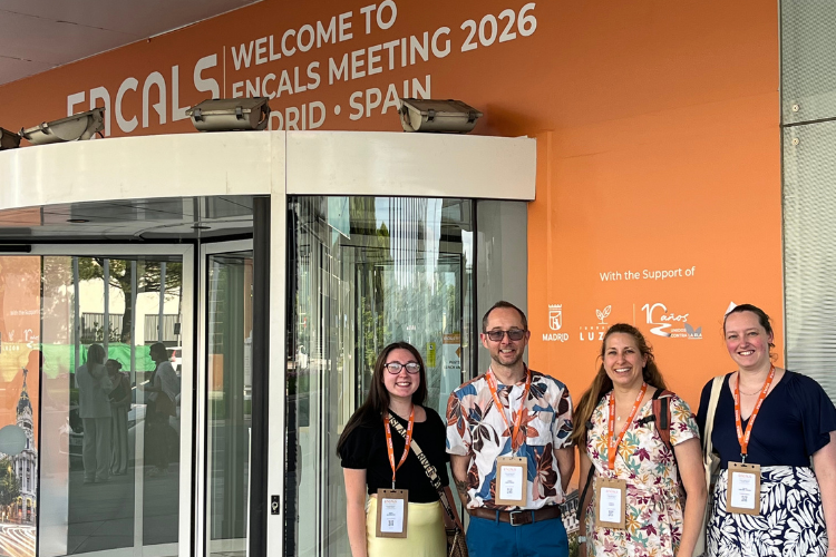 Zsofia Laszlo with members of the Henstridge Lab, Dundee outside the ENCALS conference venue's revolving door