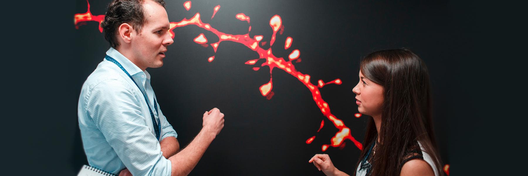 Two researchers wearing the University of Edinburgh lanyards talking in front of bright red neuron backgrounda