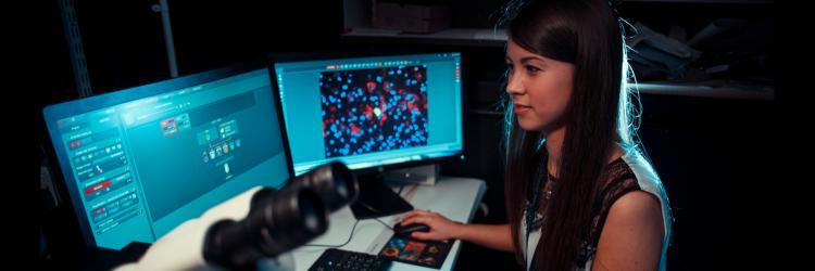 A researcher sitting at a desk with two screens open in front of her, one showing images of fluoresent neurons