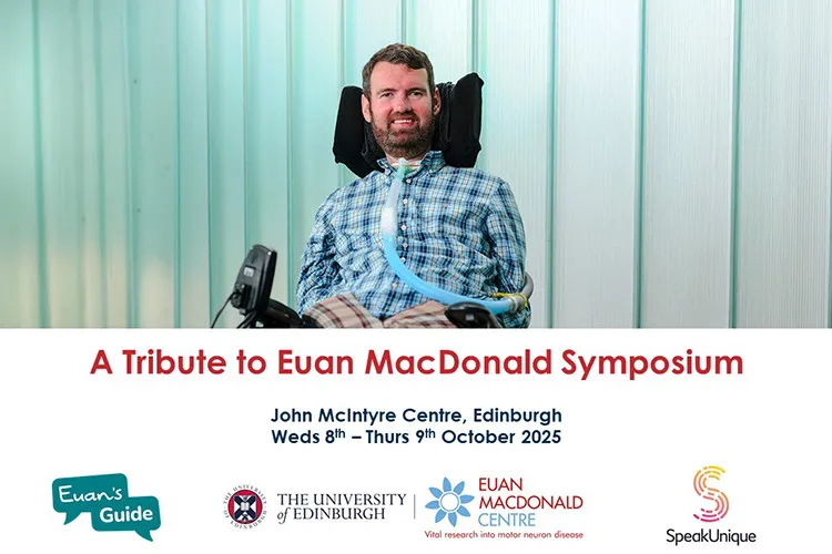 A picture of Euan MacDonald, with the symposium title and partner logos